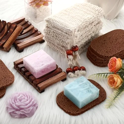 Soap Saver Set for Packaging Gift Including Wooden Dish Holder Exfoliating Bag with Drawstring Soap Pads for Mother's Day Bar Wedding Baby Shower Homemade Gift( Color) view 4