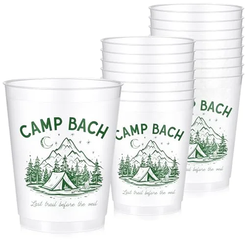 16 Bachelorette Party Cups Camp Bach Frosted Plastic Cute Bach Party Drinkware Reusable Cups Supplies Bridal Shower Favors Engagement Decorations Gift(, Camp)