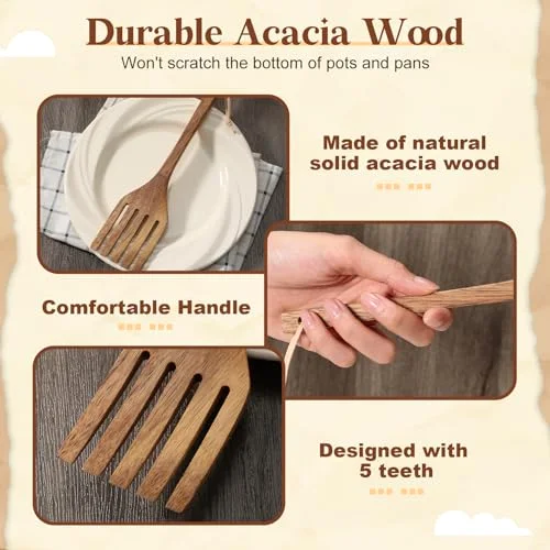 10 Inches Acacia Wooden Forks for Cooking Kitchen Baking Tool Five Tines Long Handle Wood Fork for Home Restaurant Kitchen Salad Pasta Grill Tasting Utensils view 4