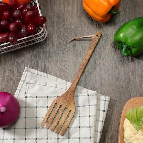 10 Inches Acacia Wooden Forks for Cooking Kitchen Baking Tool Five Tines Long Handle Wood Fork for Home Restaurant Kitchen Salad Pasta Grill Tasting Utensils view 5
