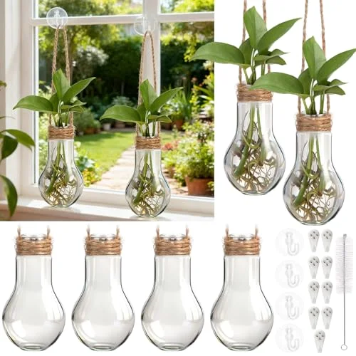 Window Propagation Stations Plastic Hanging Plant Propagation Vases with Hooks & Cleaning Brush Tubes for Plant Clippings, Home Office Decor, Gardening Gifts for Women