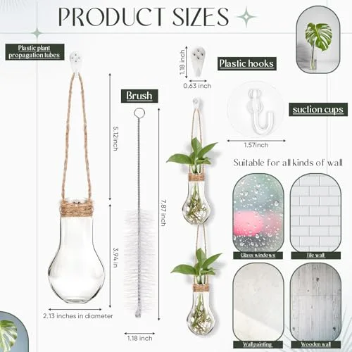 Window Propagation Stations Plastic Hanging Plant Propagation Vases with Hooks & Cleaning Brush Tubes for Plant Clippings, Home Office Decor, Gardening Gifts for Women view 2