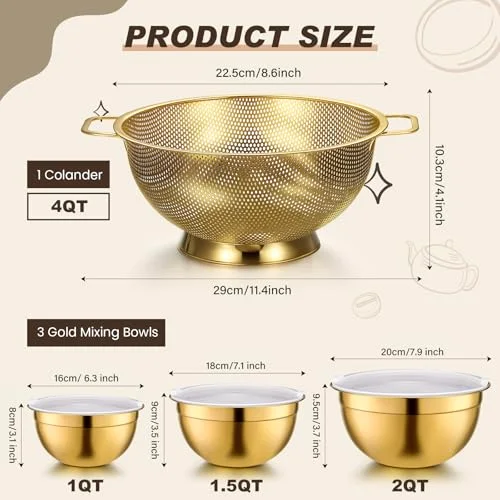 Kitchen Accessories Includes Stainless Steel Colander with Handles, 3 Mixing Bowls with Airtight Lids and 3 Fine Mesh Strainer(Colander: 5 Qt, Mixing Bowls: 1.5/2/3 Qt) view 8