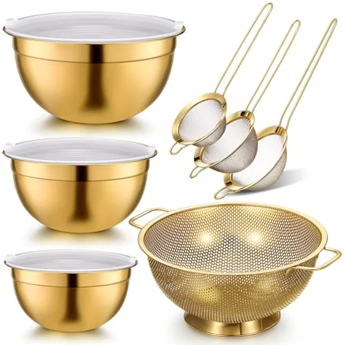 Kitchen Accessories Includes Stainless Steel Colander with Handles, 3 Mixing Bowls with Airtight Lids and 3 Fine Mesh Strainer(Colander: 5 Qt, Mixing Bowls: 1.5/2/3 Qt)