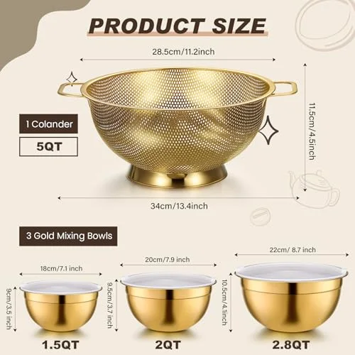 Kitchen Accessories Includes Stainless Steel Colander with Handles, 3 Mixing Bowls with Airtight Lids and 3 Fine Mesh Strainer(Colander: 5 Qt, Mixing Bowls: 1.5/2/3 Qt) view 2
