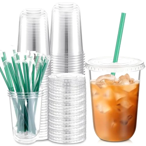 Plastic Cups with Lids and Straws Disposable Plastic Iced Coffee Cups for Cold Beverage Juice Smoothie Coffee and Party Catering () view 6