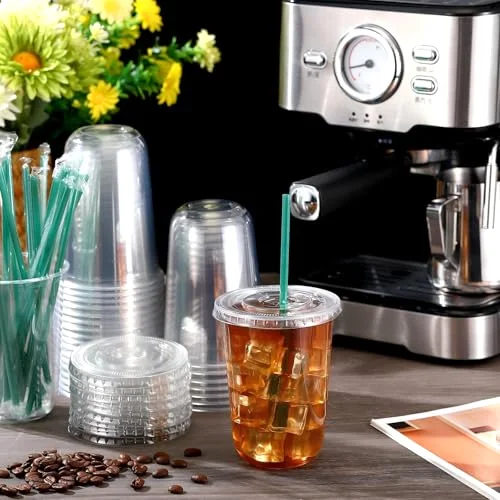 Plastic Cups with Lids and Straws Disposable Plastic Iced Coffee Cups for Cold Beverage Juice Smoothie Coffee and Party Catering () view 7
