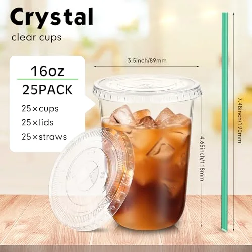 Plastic Cups with Lids and Straws Disposable Plastic Iced Coffee Cups for Cold Beverage Juice Smoothie Coffee and Party Catering () view 8