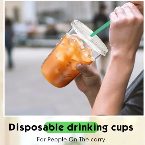 Plastic Cups with Lids and Straws Disposable Plastic Iced Coffee Cups for Cold Beverage Juice Smoothie Coffee and Party Catering () view 10