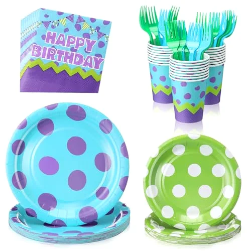 Monster Birthday Party Supplies Monster Plates Napkins Cups and Forks Birthday Party Table Decorations Disposable Cake Tableware Set for 24 Guests