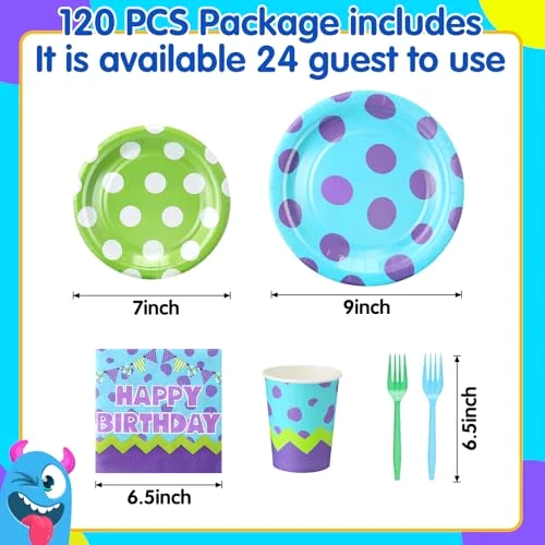Monster Birthday Party Supplies Monster Plates Napkins Cups and Forks Birthday Party Table Decorations Disposable Cake Tableware Set for 24 Guests view 2