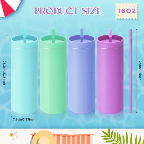 Skinny Tumblers Bulk with Lid and Straw Reusable Double Wall Plastic Travel Mugs Party Favors for Women Girls Birthday Summer Gifts () view 2