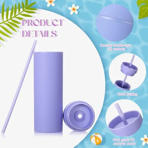Skinny Tumblers Bulk with Lid and Straw Reusable Double Wall Plastic Travel Mugs Party Favors for Women Girls Birthday Summer Gifts () view 3