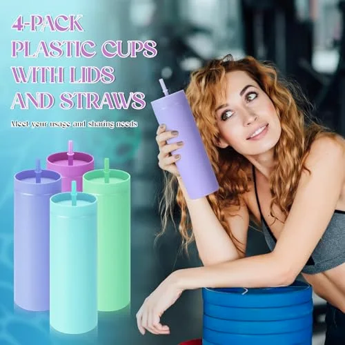 Skinny Tumblers Bulk with Lid and Straw Reusable Double Wall Plastic Travel Mugs Party Favors for Women Girls Birthday Summer Gifts () view 4