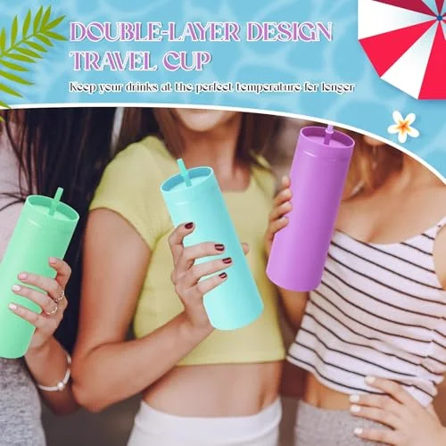 Skinny Tumblers Bulk with Lid and Straw Reusable Double Wall Plastic Travel Mugs Party Favors for Women Girls Birthday Summer Gifts () view 5
