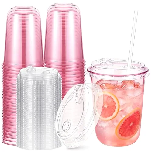 Round Bottom Plastic Cups with Strawless Sip Lids Disposable PET Cups with Straw Slot Lids for Iced Coffee Cold Beverage Smoothie Drink Shops and Party Catering ()