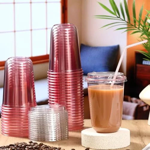 Round Bottom Plastic Cups with Strawless Sip Lids Disposable PET Cups with Straw Slot Lids for Iced Coffee Cold Beverage Smoothie Drink Shops and Party Catering () view 2