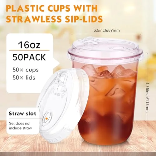 Round Bottom Plastic Cups with Strawless Sip Lids Disposable PET Cups with Straw Slot Lids for Iced Coffee Cold Beverage Smoothie Drink Shops and Party Catering () view 3