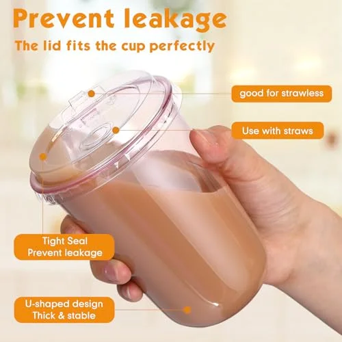 Round Bottom Plastic Cups with Strawless Sip Lids Disposable PET Cups with Straw Slot Lids for Iced Coffee Cold Beverage Smoothie Drink Shops and Party Catering () view 4