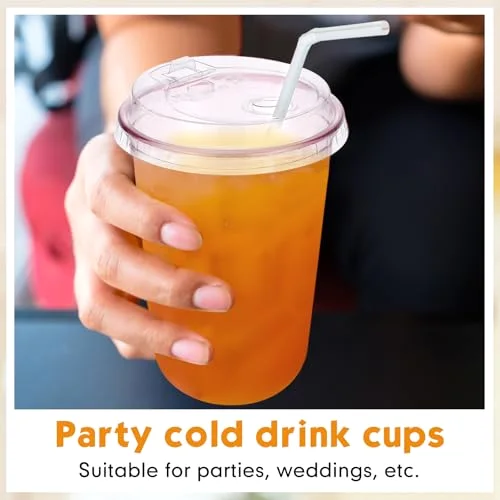 Round Bottom Plastic Cups with Strawless Sip Lids Disposable PET Cups with Straw Slot Lids for Iced Coffee Cold Beverage Smoothie Drink Shops and Party Catering () view 5