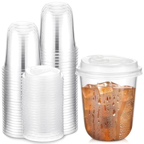 Plastic Cups with Lids,Sturdy Iced Coffee Cups with lids, Disposable Plastic Smoothie Cup for Cold Drinks
