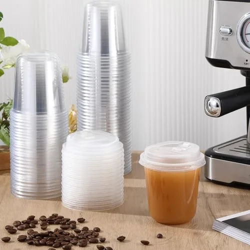 Plastic Cups with Lids,Sturdy Iced Coffee Cups with lids, Disposable Plastic Smoothie Cup for Cold Drinks view 2