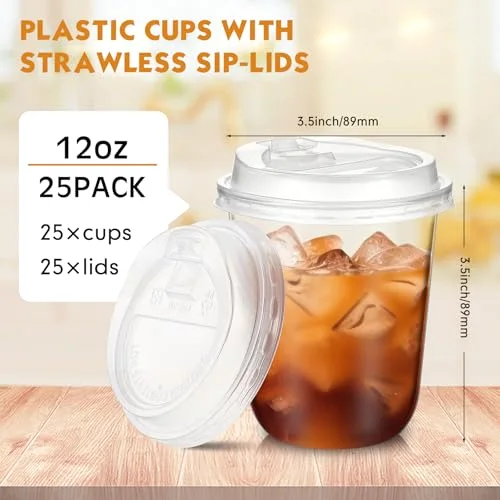 Plastic Cups with Lids,Sturdy Iced Coffee Cups with lids, Disposable Plastic Smoothie Cup for Cold Drinks view 3