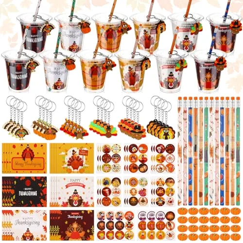 Thanksgiving Party Favor Friendsgiving Fall Autumn Stationery Pumpkin Maple Turkey Keychain Erasers Pencil Sticker Goodie Bag Filler Greeting Card Exchange Student Classrooms Gift