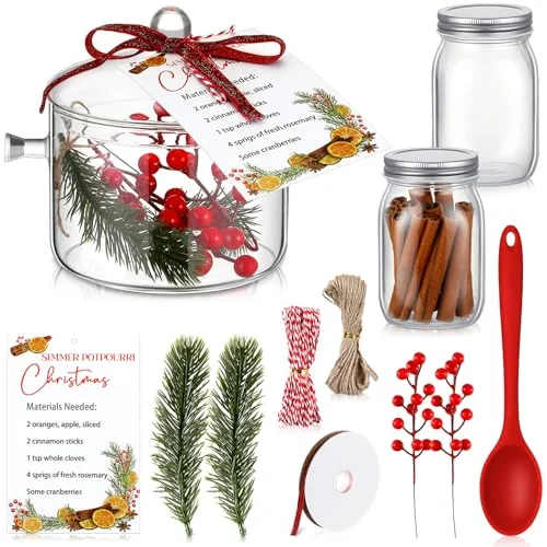 Christmas Simmer Pot Gift Include Glass Cooking Saucepan Mason Jars for Potpourri Xmas Card Berries for Christmas Holiday House Warming Thank You Gift Simmering Supplies