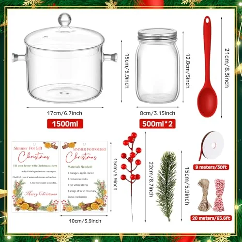 Christmas Simmer Pot Gift Include Glass Cooking Saucepan Mason Jars for Potpourri Xmas Card Berries for Christmas Holiday House Warming Thank You Gift Simmering Supplies view 2