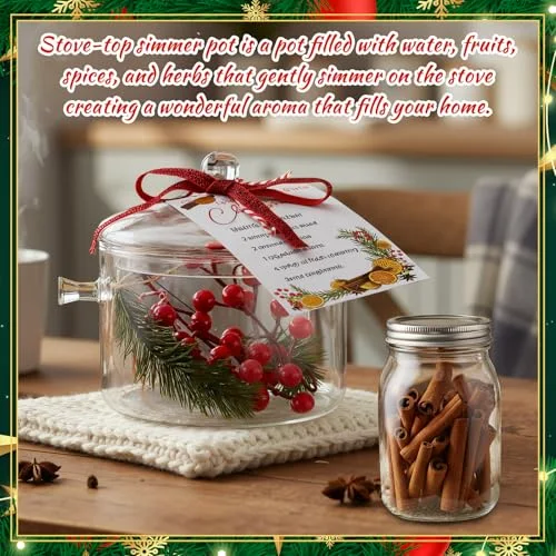 Christmas Simmer Pot Gift Include Glass Cooking Saucepan Mason Jars for Potpourri Xmas Card Berries for Christmas Holiday House Warming Thank You Gift Simmering Supplies view 4