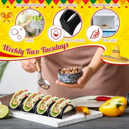 Single Taco Holder Stand Plastic Tray Plates Mexico Taco Holder for Tuesday Night Carnival Backyard Party Supplies, Dishwasher Microwave Safe view 3
