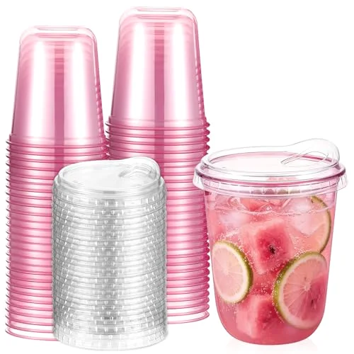 Round Bottom Plastic Cups with Sip Lids Disposable Iced Coffee Cups for Smoothie Cold Beverage Coffee Shops and Party Catering ()