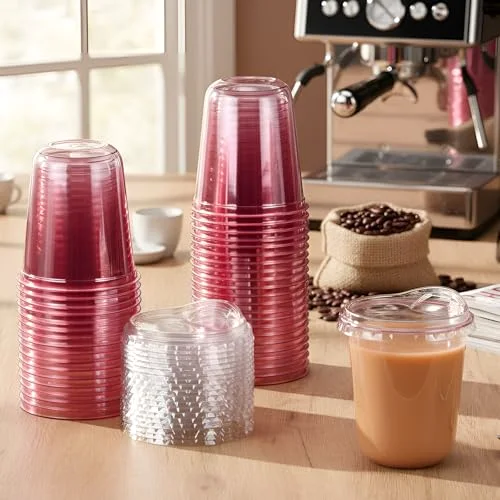 Round Bottom Plastic Cups with Sip Lids Disposable Iced Coffee Cups for Smoothie Cold Beverage Coffee Shops and Party Catering () view 2