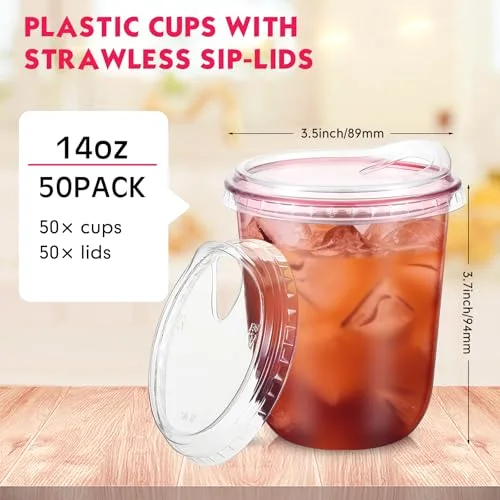Round Bottom Plastic Cups with Sip Lids Disposable Iced Coffee Cups for Smoothie Cold Beverage Coffee Shops and Party Catering () view 3