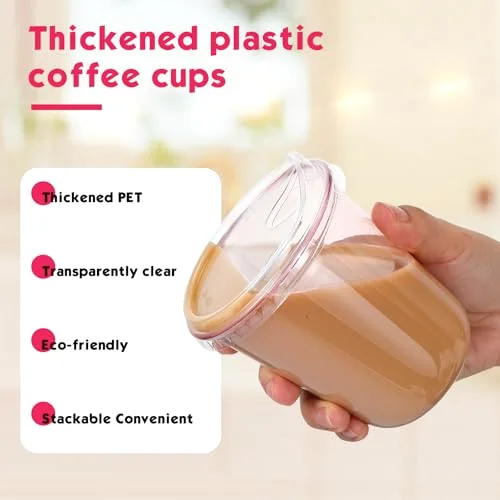 Round Bottom Plastic Cups with Sip Lids Disposable Iced Coffee Cups for Smoothie Cold Beverage Coffee Shops and Party Catering () view 4