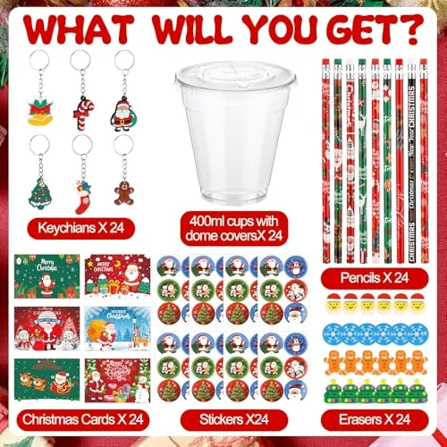 Christmas Return Gifts for Birthday, Student Stationery Gifts from Teacher, Classroom Gift Pencil Erasers Keychain Sticker for Christmas Classroom Birthday Goodie Bags Rewards Prizes view 3