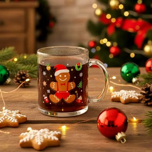 Christmas Glass Mugs Set Christmas Coffee Mugs with Handle Snowman Snowflake Coffee Cup Xmas Tree Santa Claus Cup for Hot Chocolate Women Men Gift (Xmas) view 4