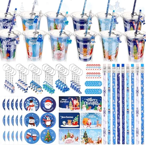 Christmas Classroom Gifts for Students Goodie Bag Fillers for Stocking Stuffer Xmas Party Supplies Goody Cups Pencil Eraser Keychain Sticker Greeting Card Gift Exchange Prize