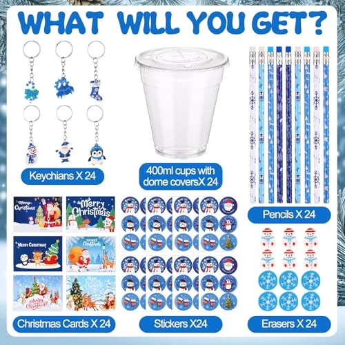 Christmas Classroom Gifts for Students Goodie Bag Fillers for Stocking Stuffer Xmas Party Supplies Goody Cups Pencil Eraser Keychain Sticker Greeting Card Gift Exchange Prize view 4