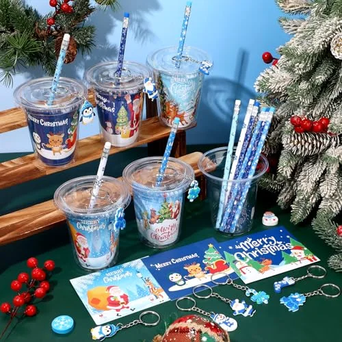 Christmas Classroom Gifts for Students Goodie Bag Fillers for Stocking Stuffer Xmas Party Supplies Goody Cups Pencil Eraser Keychain Sticker Greeting Card Gift Exchange Prize view 5