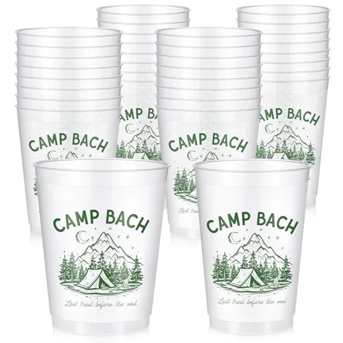 32 Bachelorette Party Cups Camp Bach Frosted Plastic Cute Bach Party Drinkware Reusable Cups Supplies Bridal Shower Favors Engagement Decorations Gift(, Camp)