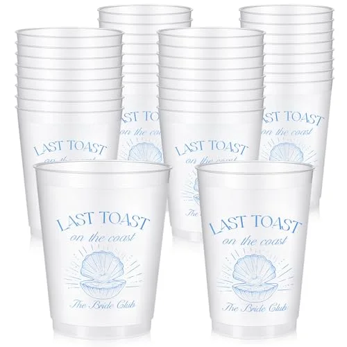 32 Bachelorette Party Cups Last Toast on the Coast Frosted Plastic Cute Bach Party Drinkware Reusable Cups Supplies Bridal Shower Favors Engagement Decorations Gift( Shell)
