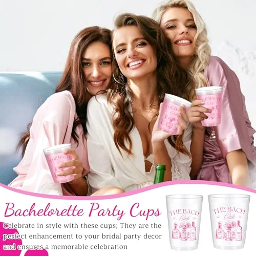 32 Bachelorette Party Cups the Bach Club Frosted Plastic Cute Bach Party Drinkware Reusable Cups Supplies Bridal Shower Favors Engagement Decorations Gift (, Rose the Club) view 5