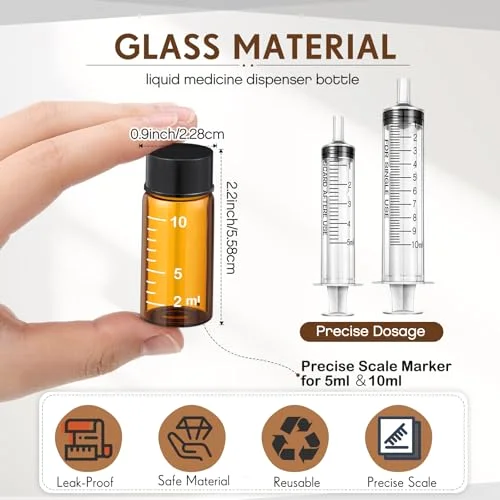 Liquid Medicine Travel Container Scale Glass Bottles, Single Dose Medicine Bottles Dispenser with Leak-proof Plug and& Plastic Syringe Travel Essentials Accessories() view 7