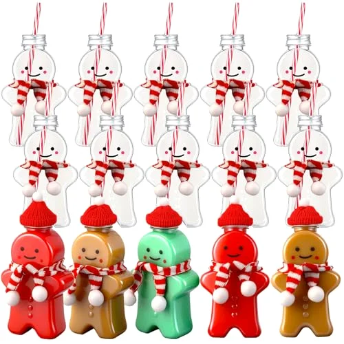 Christmas Plastic Bottles with Straws Set Including Reusable Drink Empty Bottles Straws and Caps for Christmas Party Milk Juicing Drinking