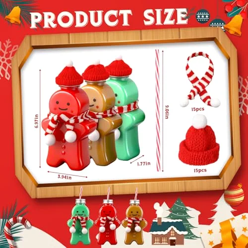 Christmas Plastic Bottles with Straws Set Including Reusable Drink Empty Bottles Straws and Caps for Christmas Party Milk Juicing Drinking view 2