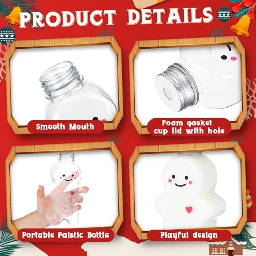 Christmas Plastic Bottles with Straws Set Including Reusable Drink Empty Bottles Straws and Caps for Christmas Party Milk Juicing Drinking view 3