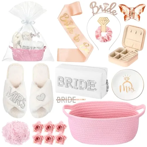 Bride to Be Gift Basket for Bridal Shower, Bridal Box with Basket, Makeup Bag, Slippers, Headband, Sash, Mrs Ring Dish, Jewelry Box and More for Wedding Engagement Gift()
