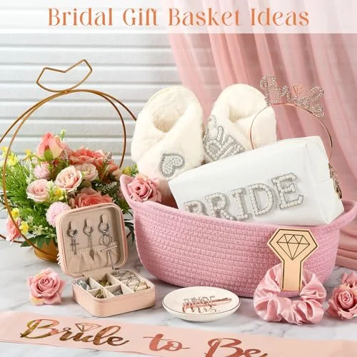 Bride to Be Gift Basket for Bridal Shower, Bridal Box with Basket, Makeup Bag, Slippers, Headband, Sash, Mrs Ring Dish, Jewelry Box and More for Wedding Engagement Gift() view 4